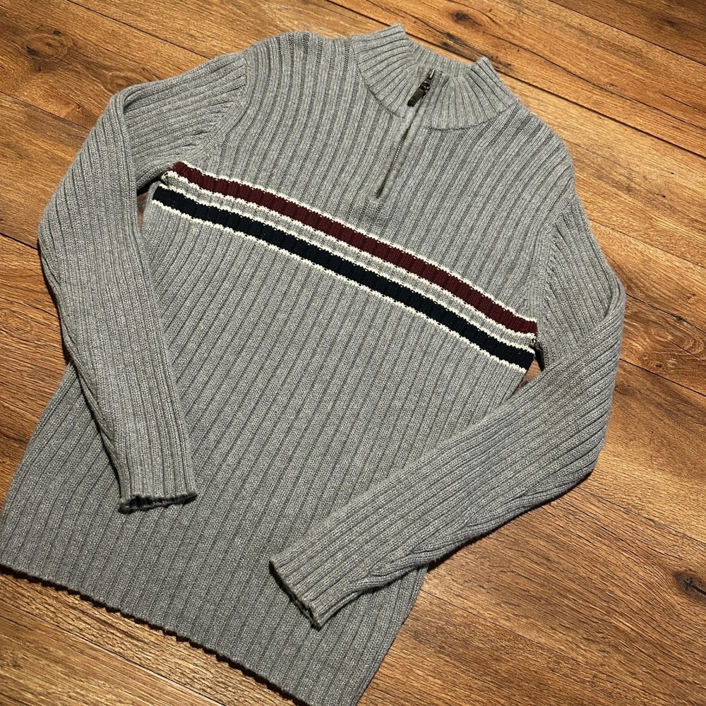 Old Navy Gray Striped Quarter Zip Ribbed Knit Sweater Mens Medium